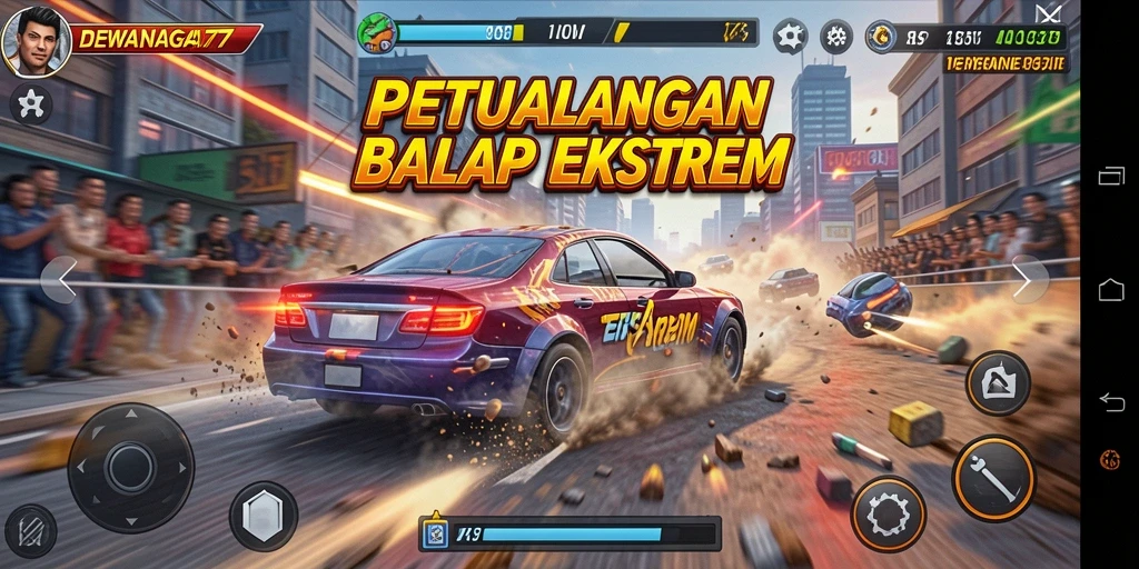 Tampilan gameplay DEWANAGA77 dengan aksi balap yang mendebarkan.