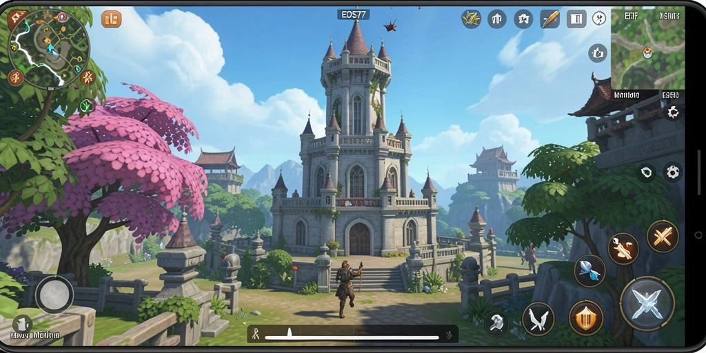 Tangkapan layar gameplay EOS77 menampilkan pertahanan menara yang strategis dan grafis yang menawan.