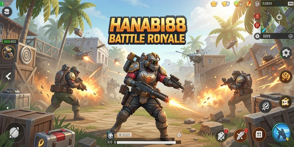Screenshot menunjukkan pertempuran intens di pulau HANABI88.