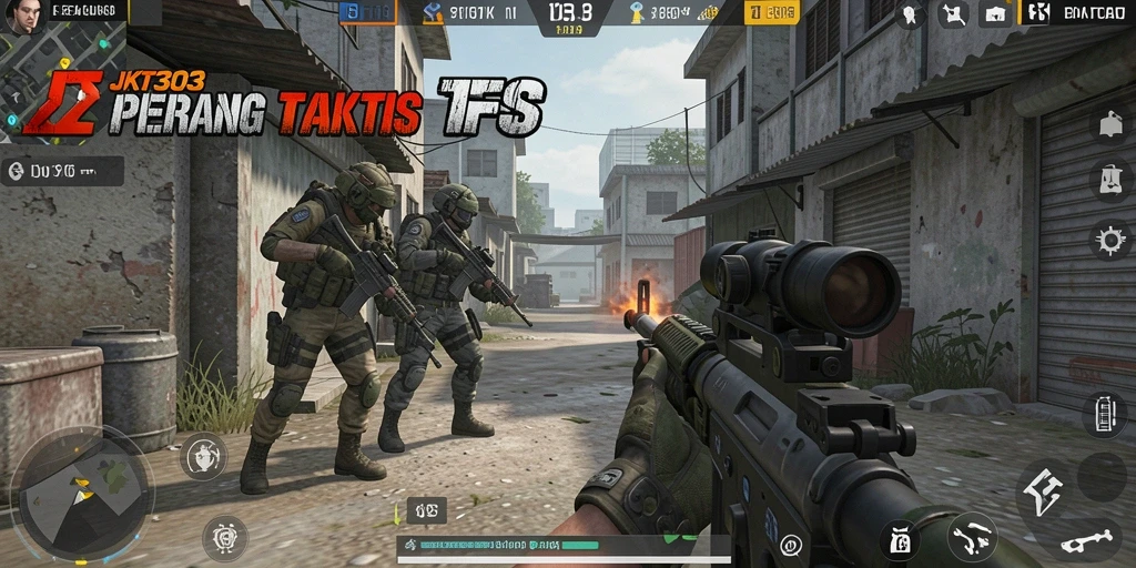 Screenshot JKT303 menampilkan adegan aksi mendebarkan dalam game FPS.