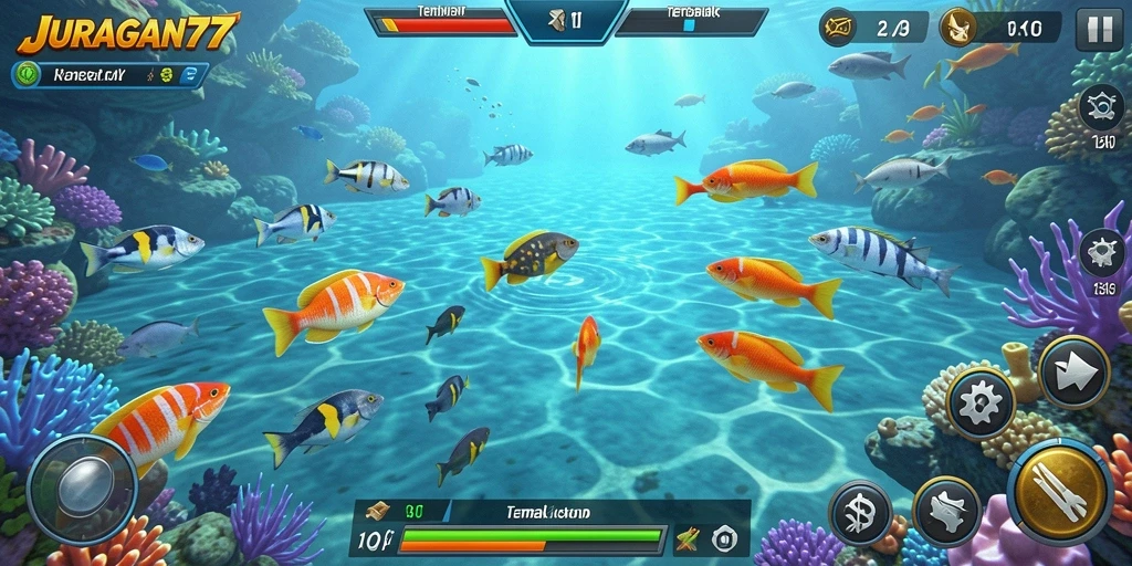 Screenshot gameplay JURAGAN77 menunjukkan aksi menembak ikan yang seru.