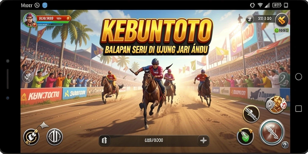 Tangkapan layar KEBUNTOTO menampilkan aksi balapan yang seru dan intens.