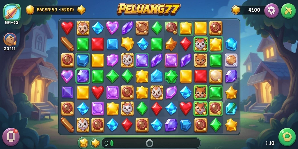 Tampilan menarik dari gameplay Match-3 PELUANG77 yang penuh warna.