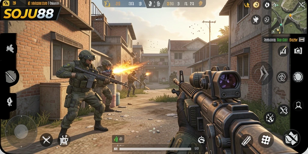 Tampilan gameplay seru dari SOJU88 dengan pertarungan FPS yang intens.