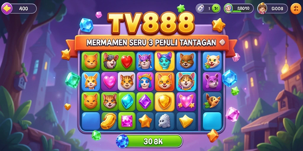 Screenshot gameplay TV888 menunjukkan warna-warni batu permata yang sedang diadu.